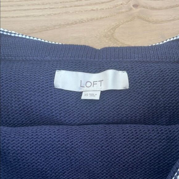 LOFT Off-Shoulder Navy Sweater with Striped Neckline - Picture 2 of 4